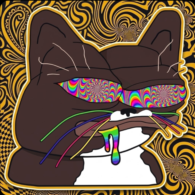 $CATNIP cat mascot with rainbow spiral eyes on a swirling gold background