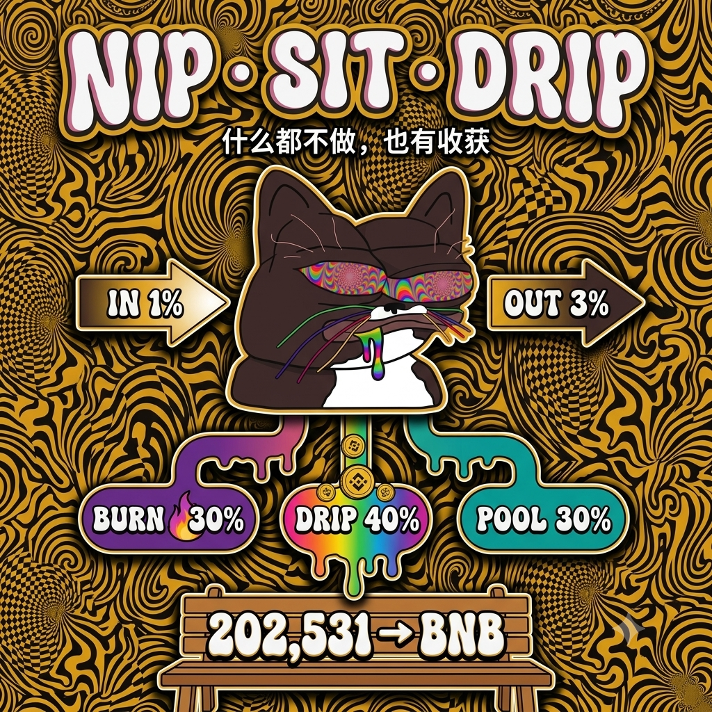 CATNIP mechanic infographic — 1% in, 3% out, split 30% burn, 40% BNB drip, 30% pool, with the 202,531 threshold