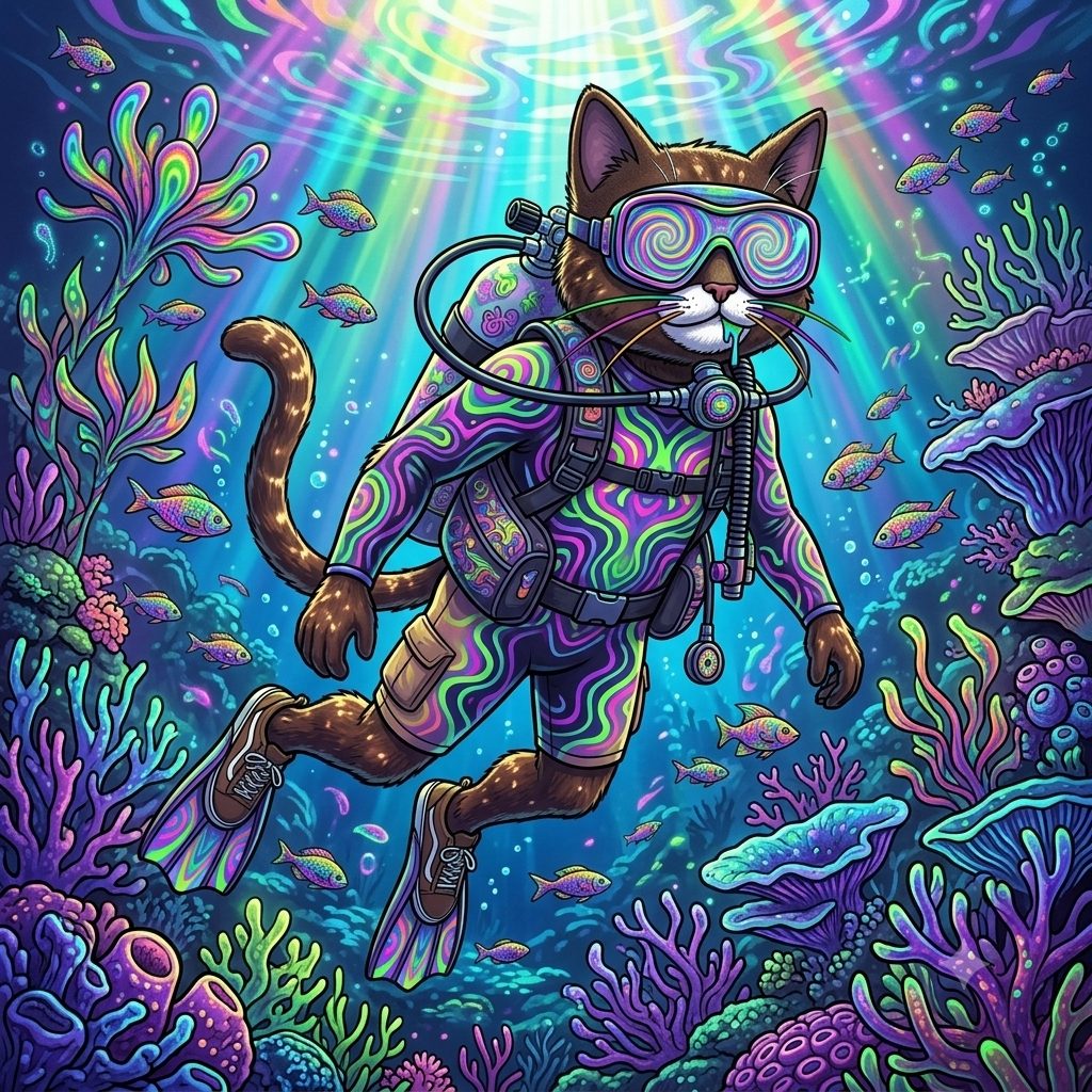 CATNIP cat scuba diving over a psychedelic coral reef