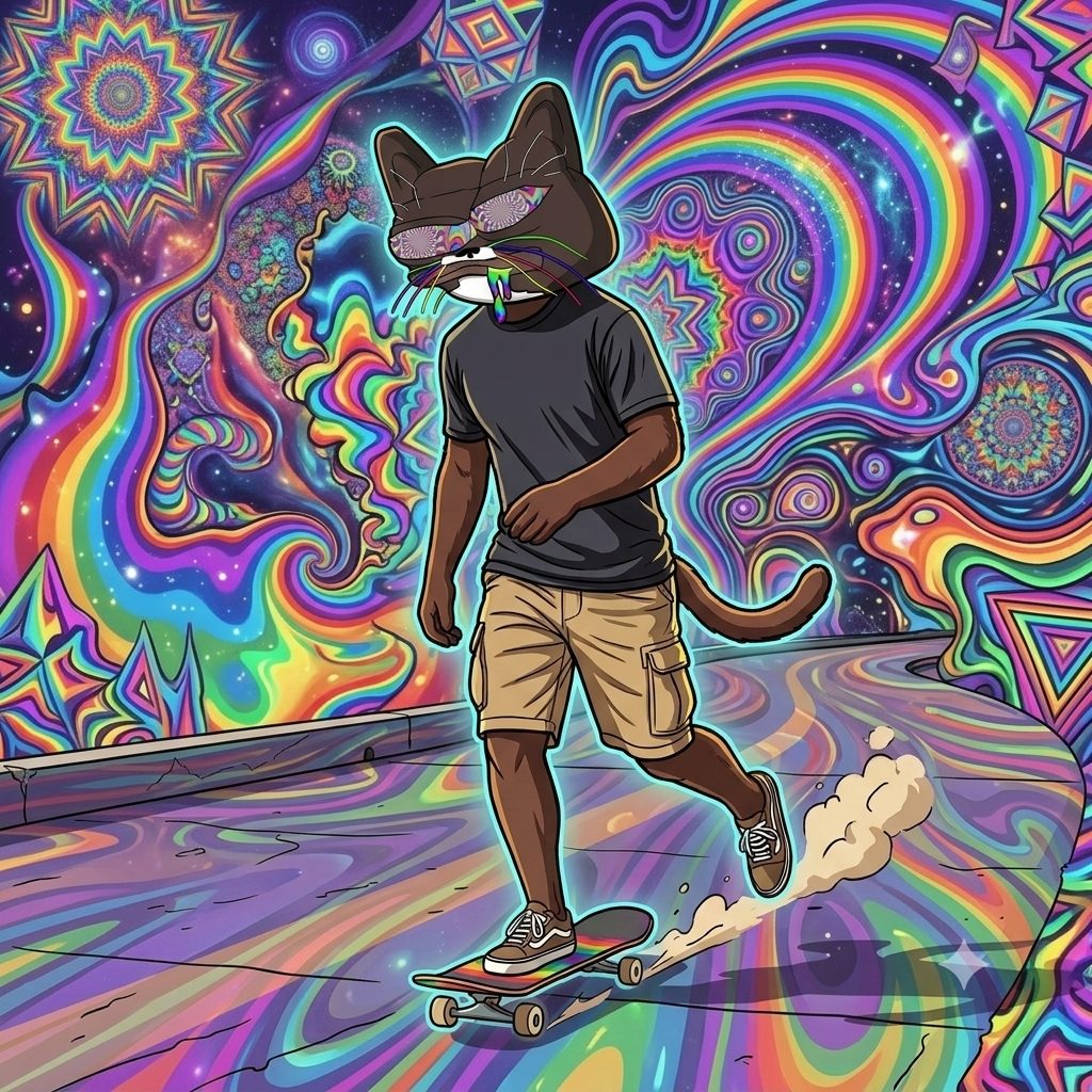 CATNIP cat skating through a psychedelic skate park