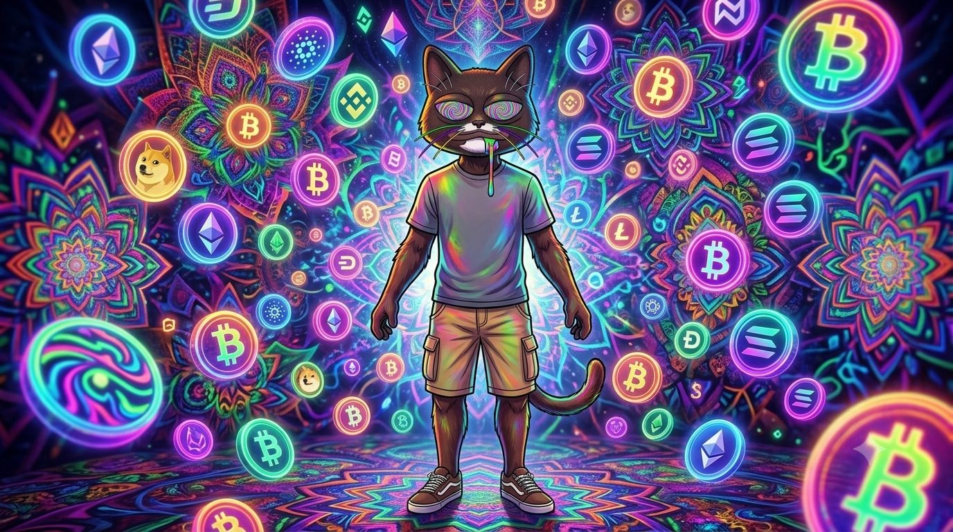 CATNIP cat surrounded by glowing crypto logos and psychedelic mandalas