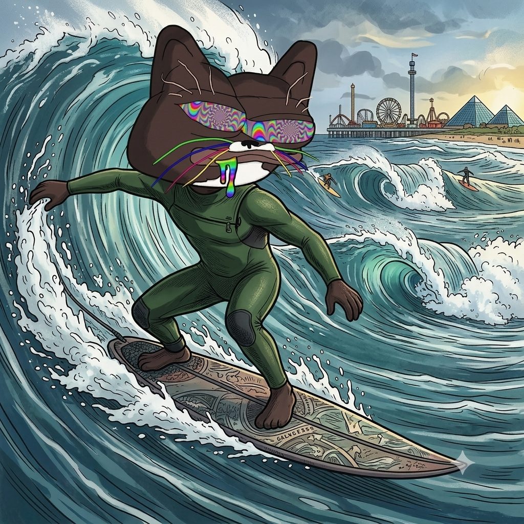 CATNIP cat in a wetsuit surfing a wave off Galveston with the pleasure pier behind him