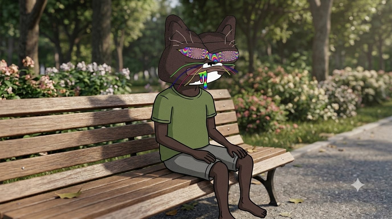 CATNIP cat sitting quietly on a park bench