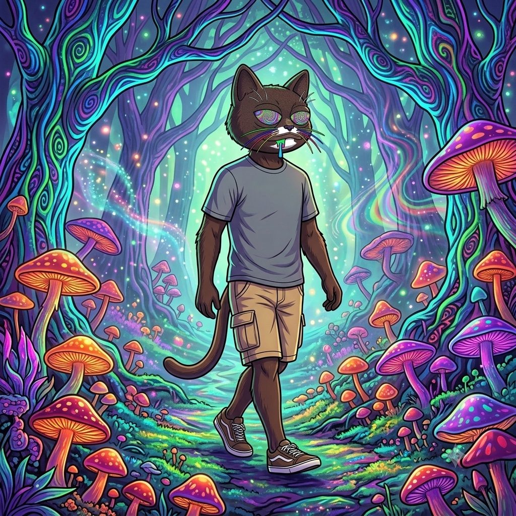 CATNIP cat walking through a glowing mushroom forest