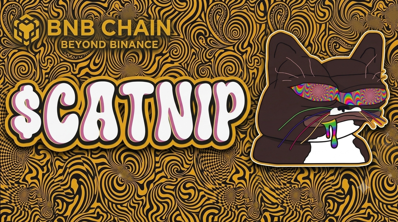 $CATNIP gold and black psychedelic banner with the cat mascot