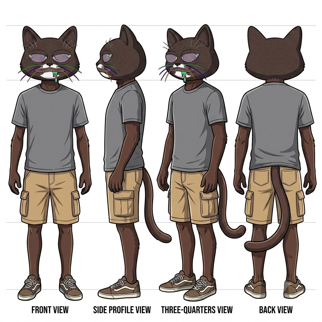 CATNIP mascot character turnaround sheet showing front, side, three-quarter and back views
